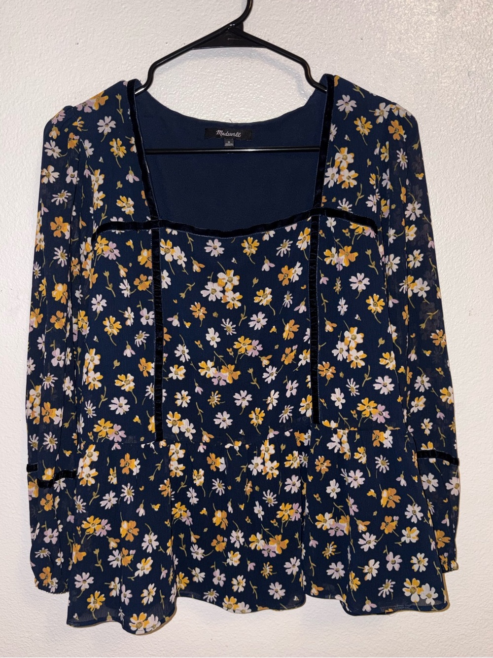 Madewell Navy Floral Square-Neck Velvet Trim Long Sleeve Blouse Size Medium